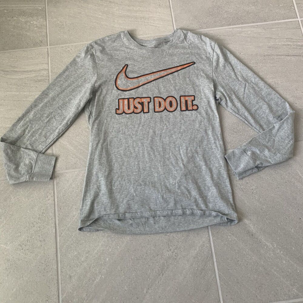 Nike Just Do It Big Logo Long Sleeve T Shirt Mens Sz M Gray/Orange Sportswear